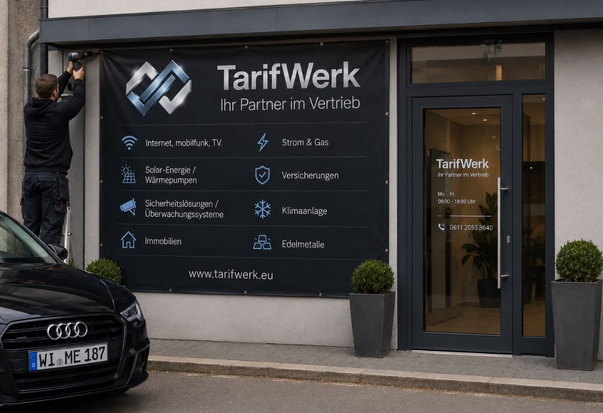 TarifWerk-Auftritt: Fassade mit TarifWerk-Banner und Leistungsübersicht